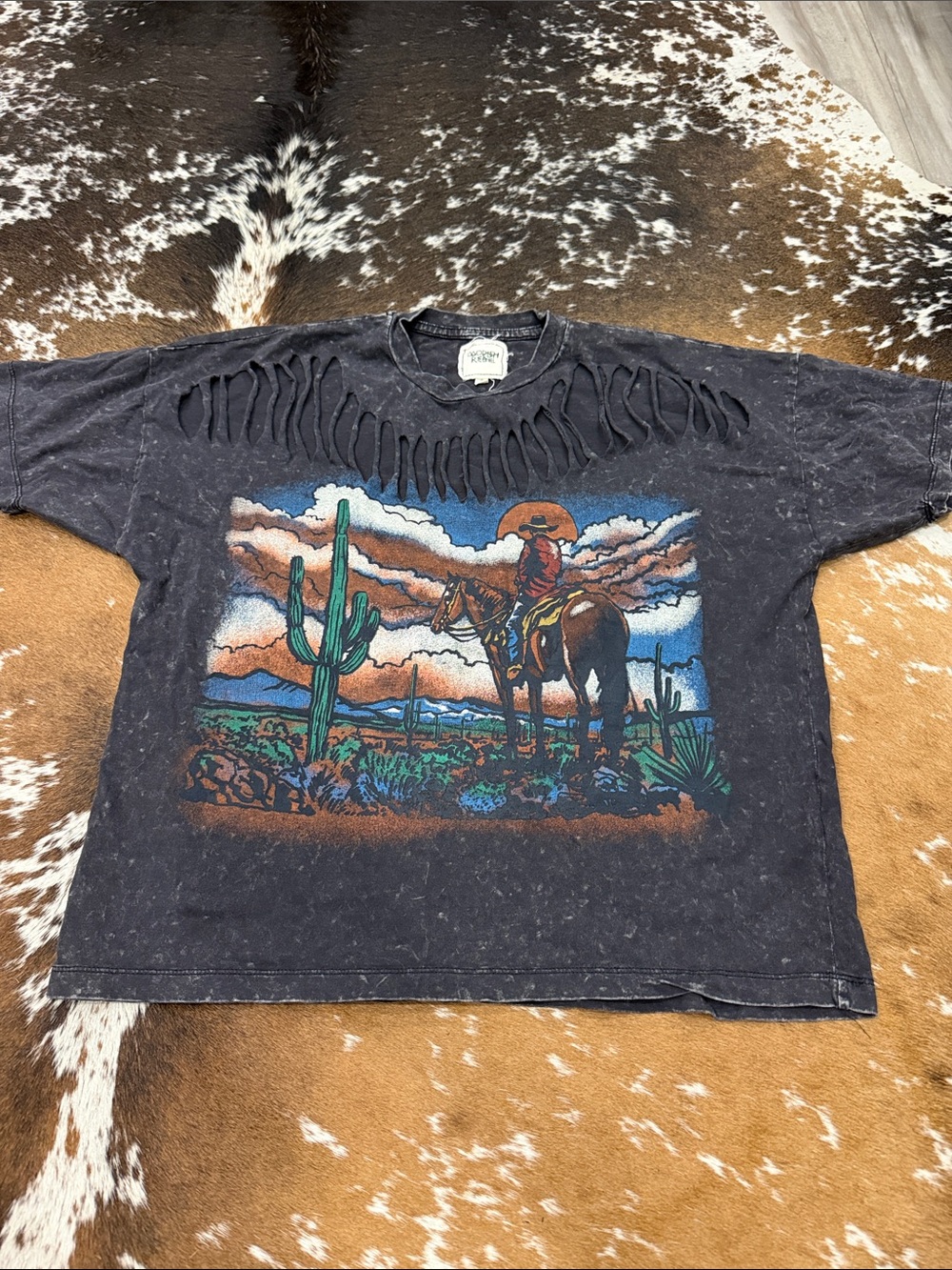 Black Kids Western Graphic Fringe Short Sleeve Tee